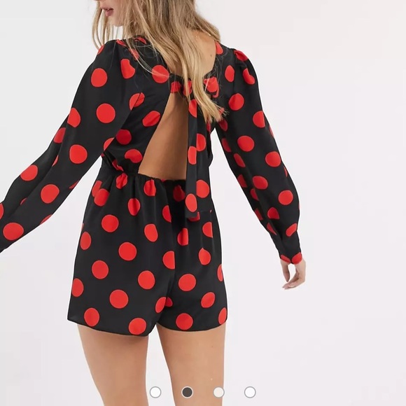 NWT ASOS Square Neck Long Sleeve Romper with Tie Back Polka Dot Red Black 10 - Picture 4 of 8